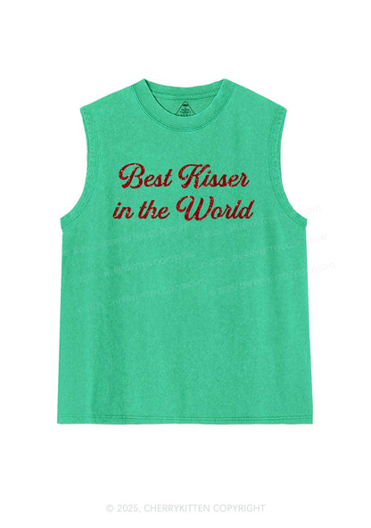 Glitter Best Kisser In The World Y2K Washed Muscle Tank Cherrykitten
