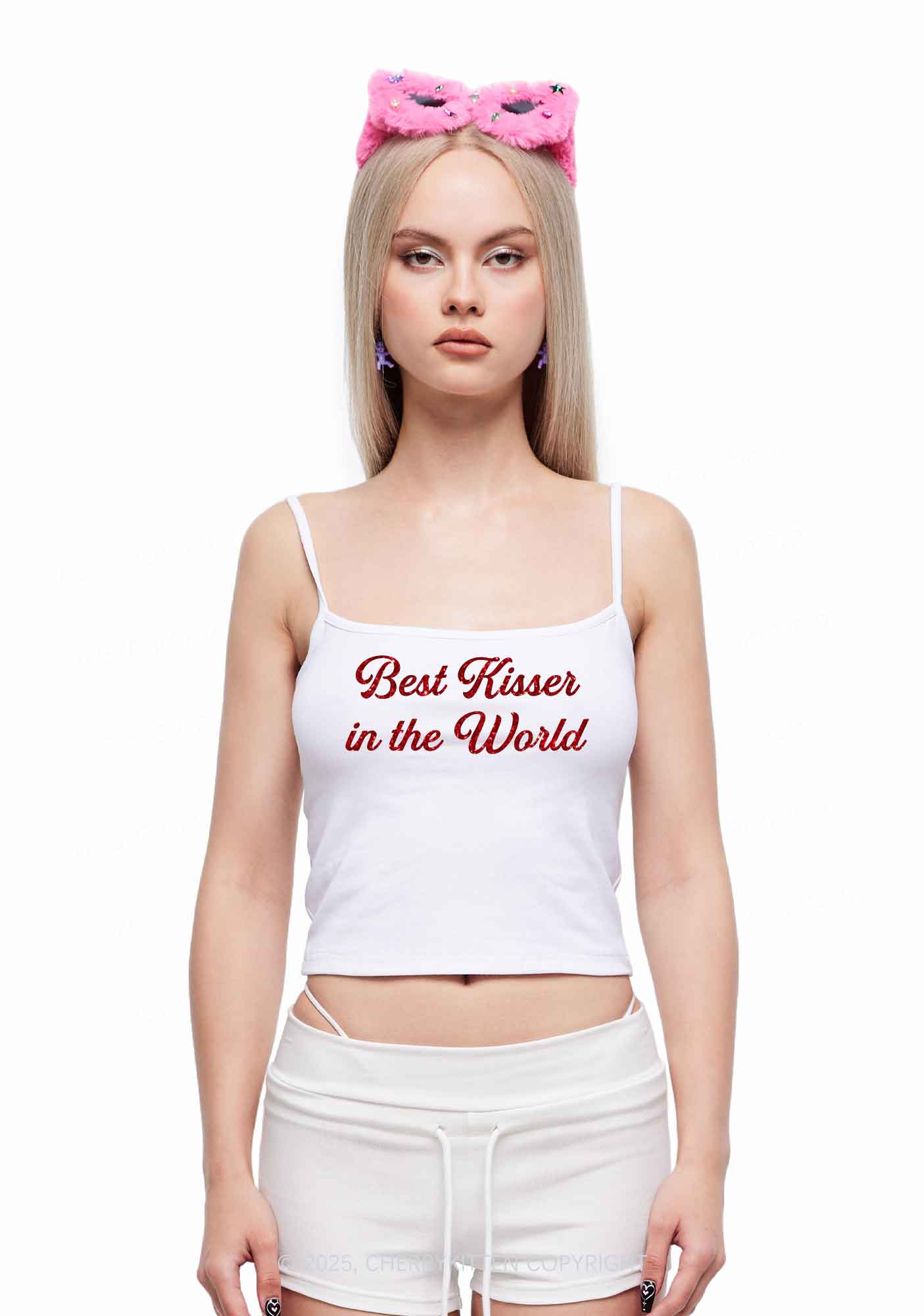Glitter Best Kisser In The World Y2K Spaghetti Strap Cami Cherrykitten