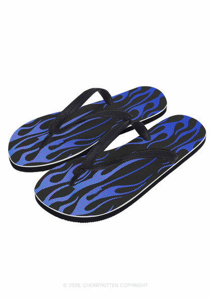 Royal Blue Flame Y2K Print Flip Flops Cherrykitten