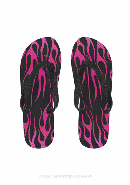Hot Pink Flame Y2K Print Flip Flops Cherrykitten