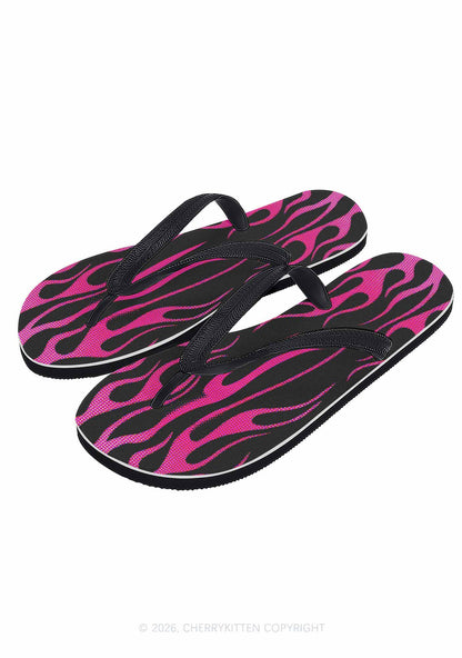 Hot Pink Flame Y2K Print Flip Flops Cherrykitten