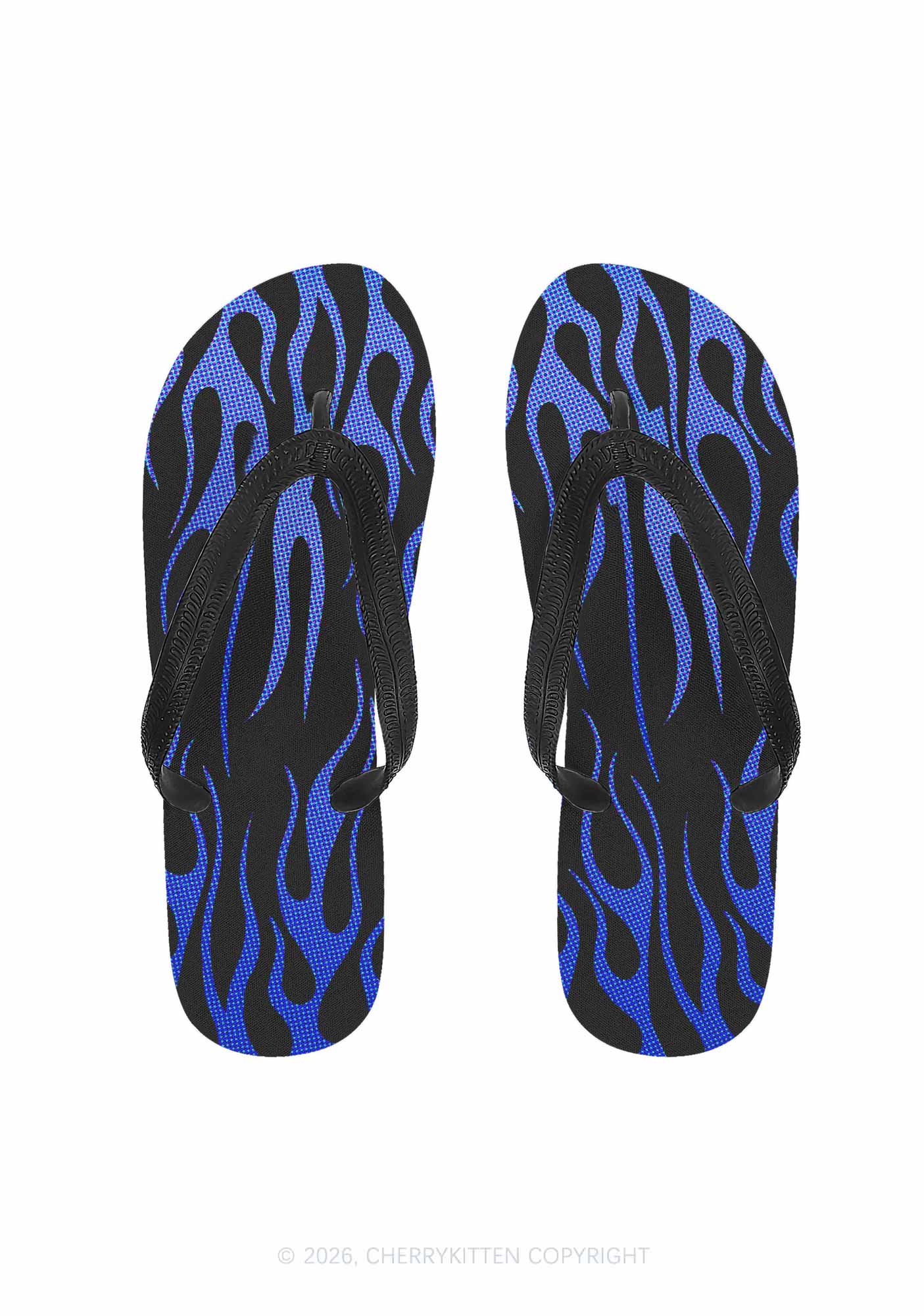Royal Blue Flame Y2K Print Flip Flops Cherrykitten