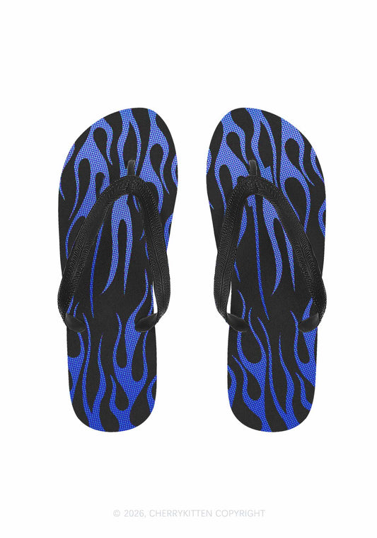 Royal Blue Flame Y2K Print Flip Flops Cherrykitten