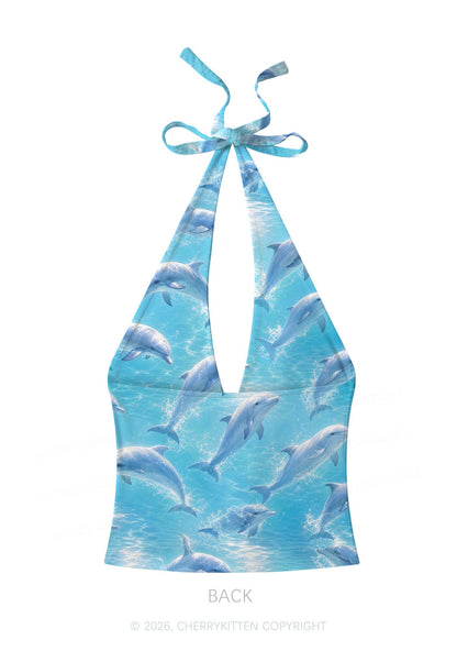 Blue Dolphin Y2K Print Halter Deep V Neck Cami Cherrykitten