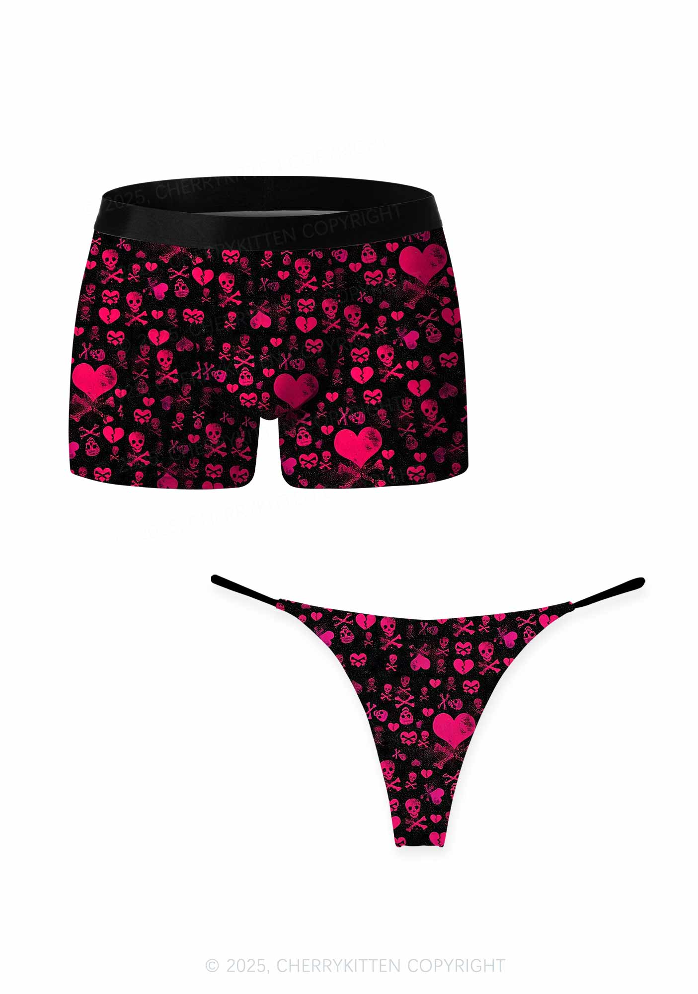 Skeleton Pink Love Valentine's Day Y2K Print Couples Boxer Thong Set Cherrykitten