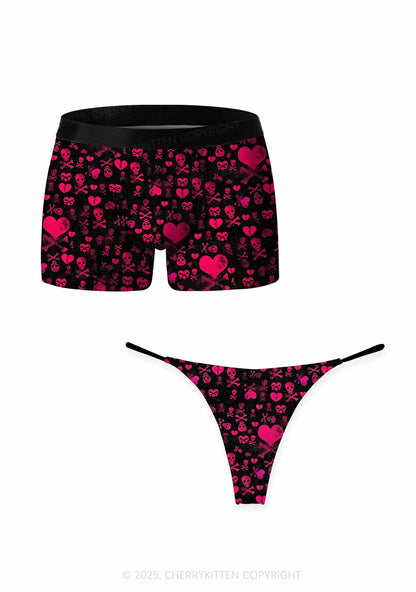 Skeleton Pink Love Valentine's Day Y2K Print Couples Boxer Thong Set Cherrykitten