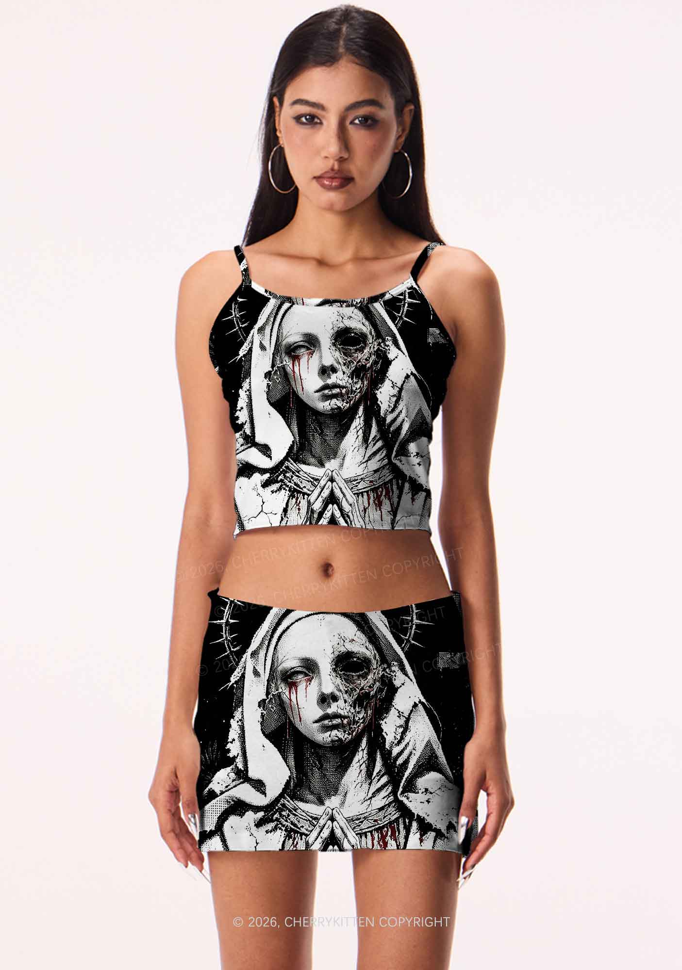 Halloween Decaying Prayer Figure Y2K Print Mini Skirt Cherrykitten