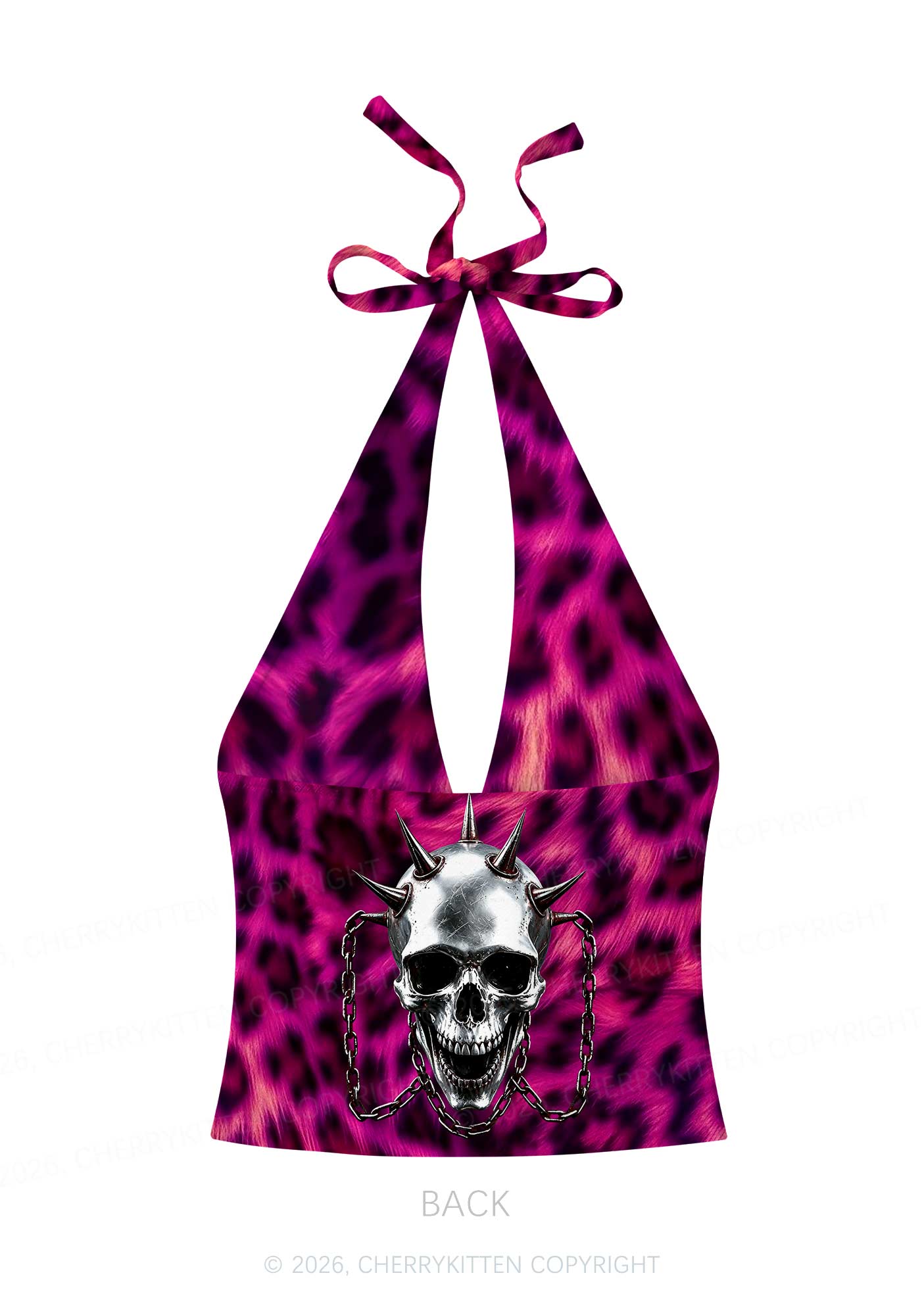 Halloween Spiked Skull Leopard Y2K Print Halter Deep V Neck Cami Cherrykitten