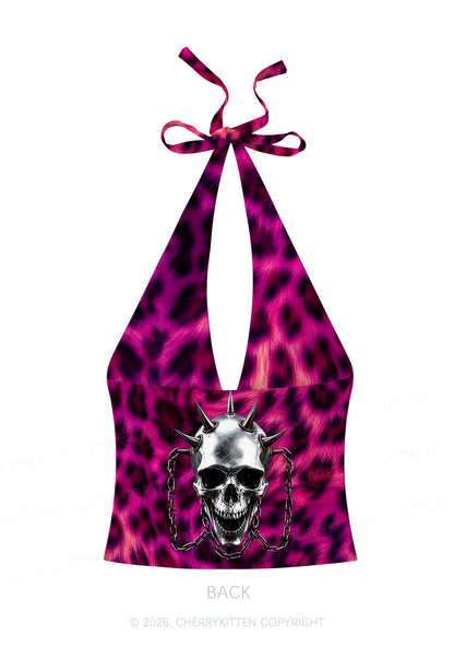 Halloween Spiked Skull Leopard Y2K Print Halter Deep V Neck Cami Cherrykitten