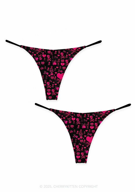 Skeleton Pink Love Valentine's Day Y2K Print Couples Thong Set Cherrykitten