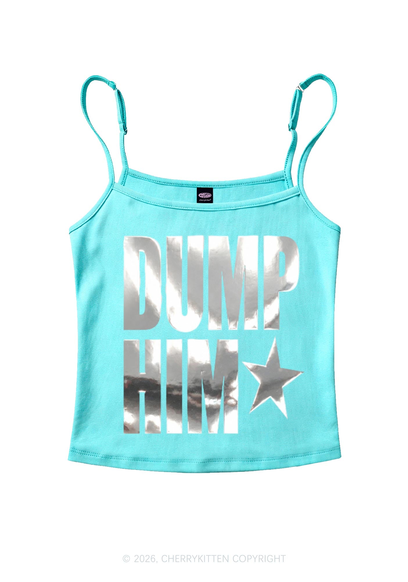 Dump Him Silver Foil Printed Y2K Spaghetti Strap Cami Cherrykitten