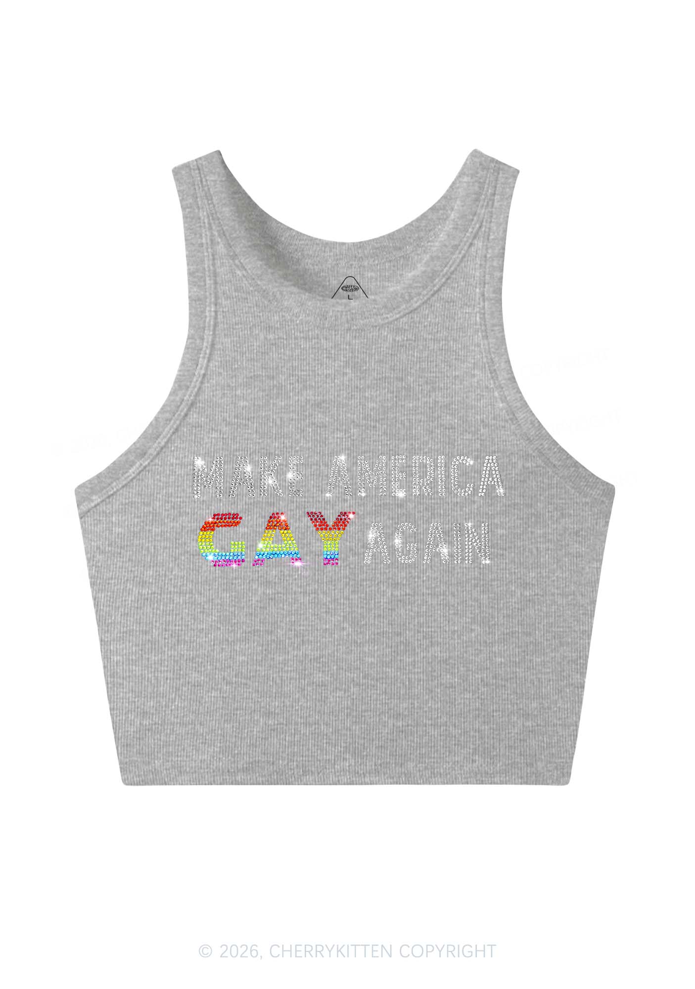 Rhinestone Make America Gay Again Pride Y2K Crop Tank Top Cherrykitten