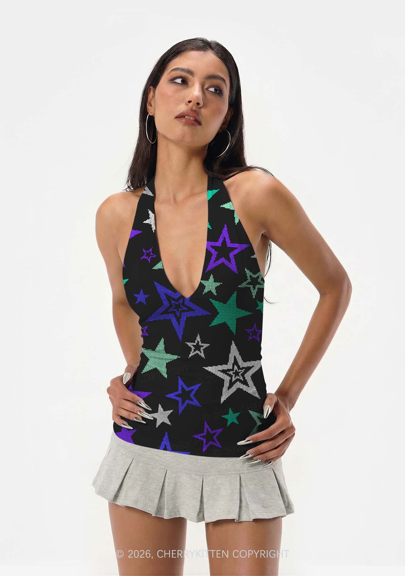 Gay Star Pride Y2K Print Halter Deep V Neck Cami Cherrykitten