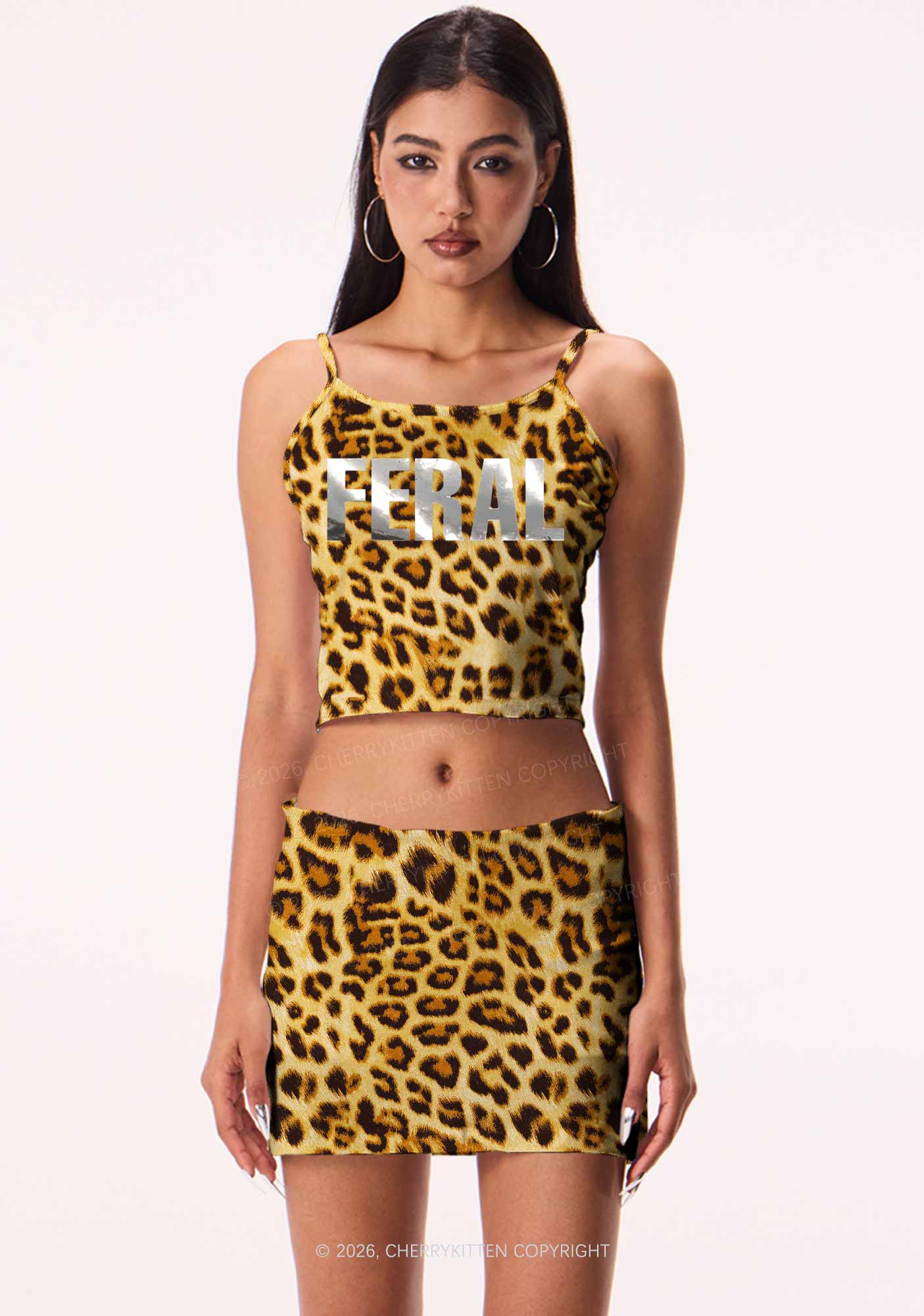 Feral Silver Foil Printed Y2K Brown Leopard Print Cami Crop Top Cherrykitten