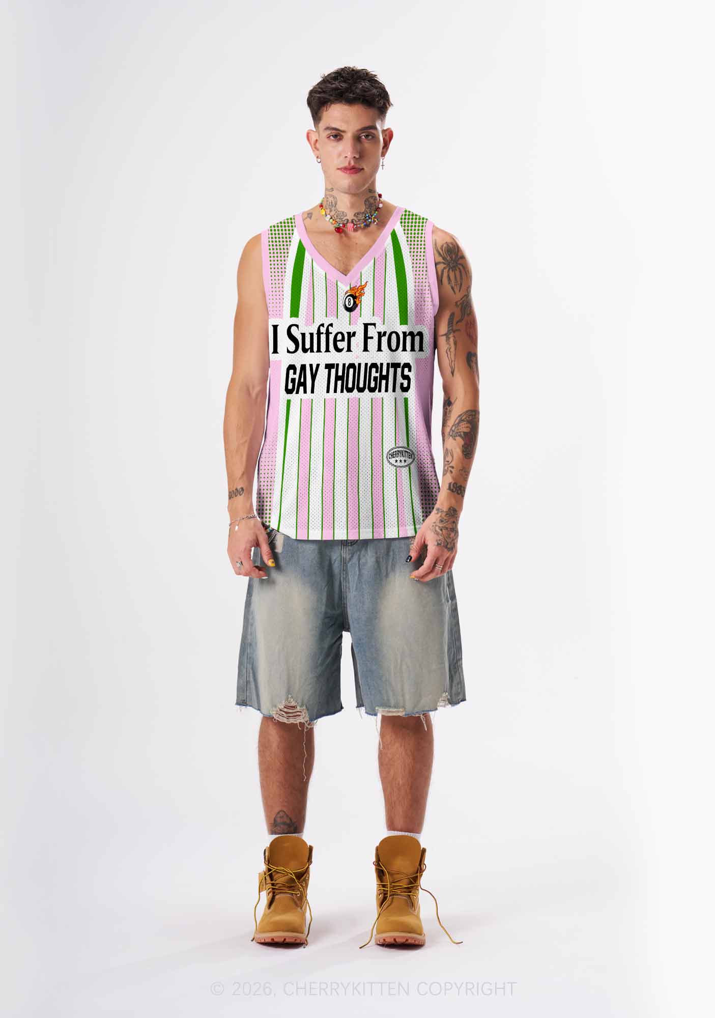 Pink Green Stripes Suffer From Gay Thoughts Pride Y2K Sport Jersey Tank Cherrykitten