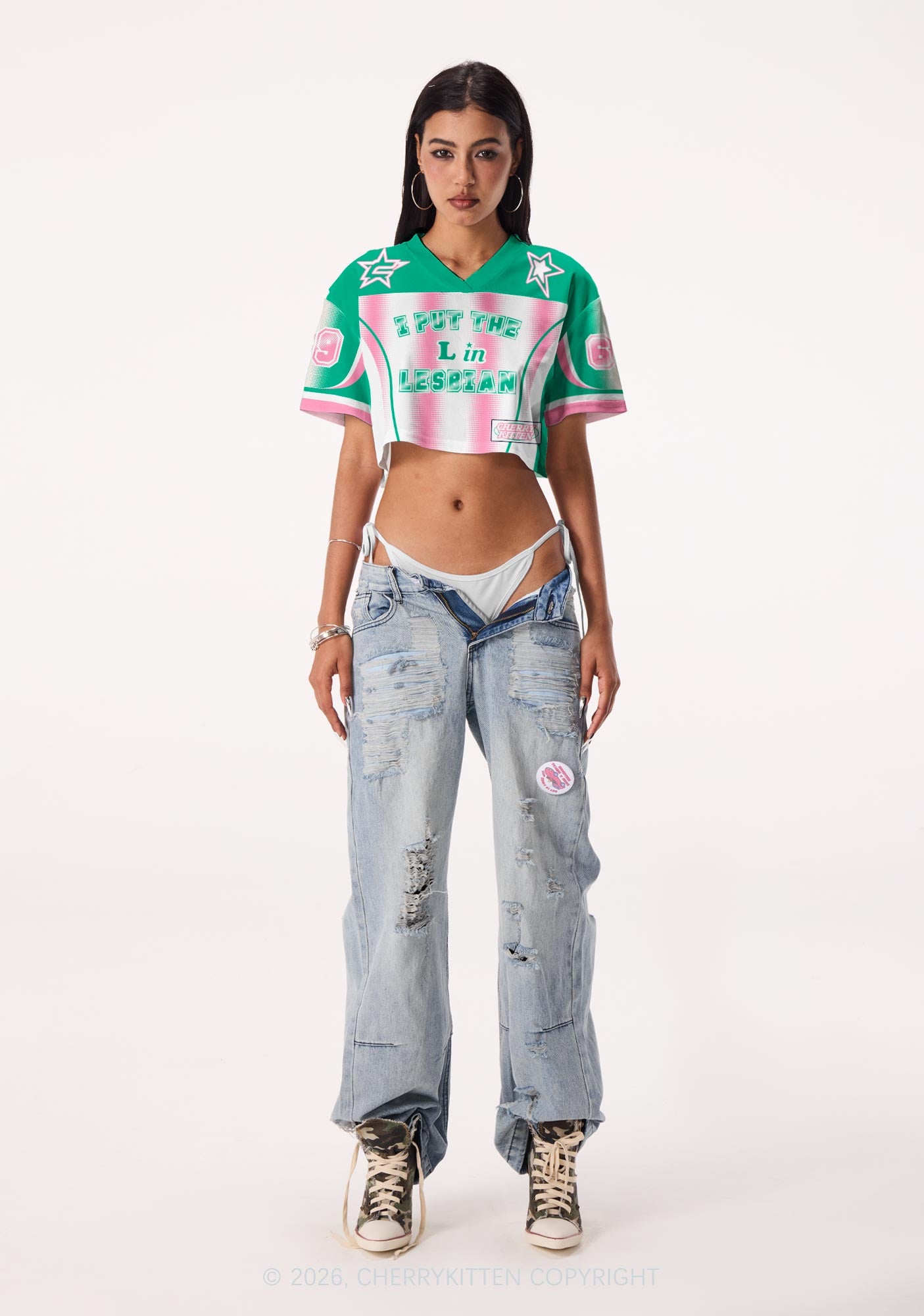 Put L In Lesbian Pride Y2K Crop Sport Jersey Shirts Cherrykitten