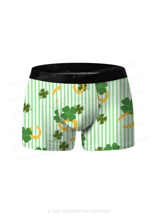 Green Stripe Clover Horseshoe St Patricks Y2K Print Men Boxer Briefs Cherrykitten