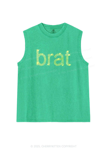 Rhinestone Green Brat Y2K Washed Muscle Tank Cherrykitten