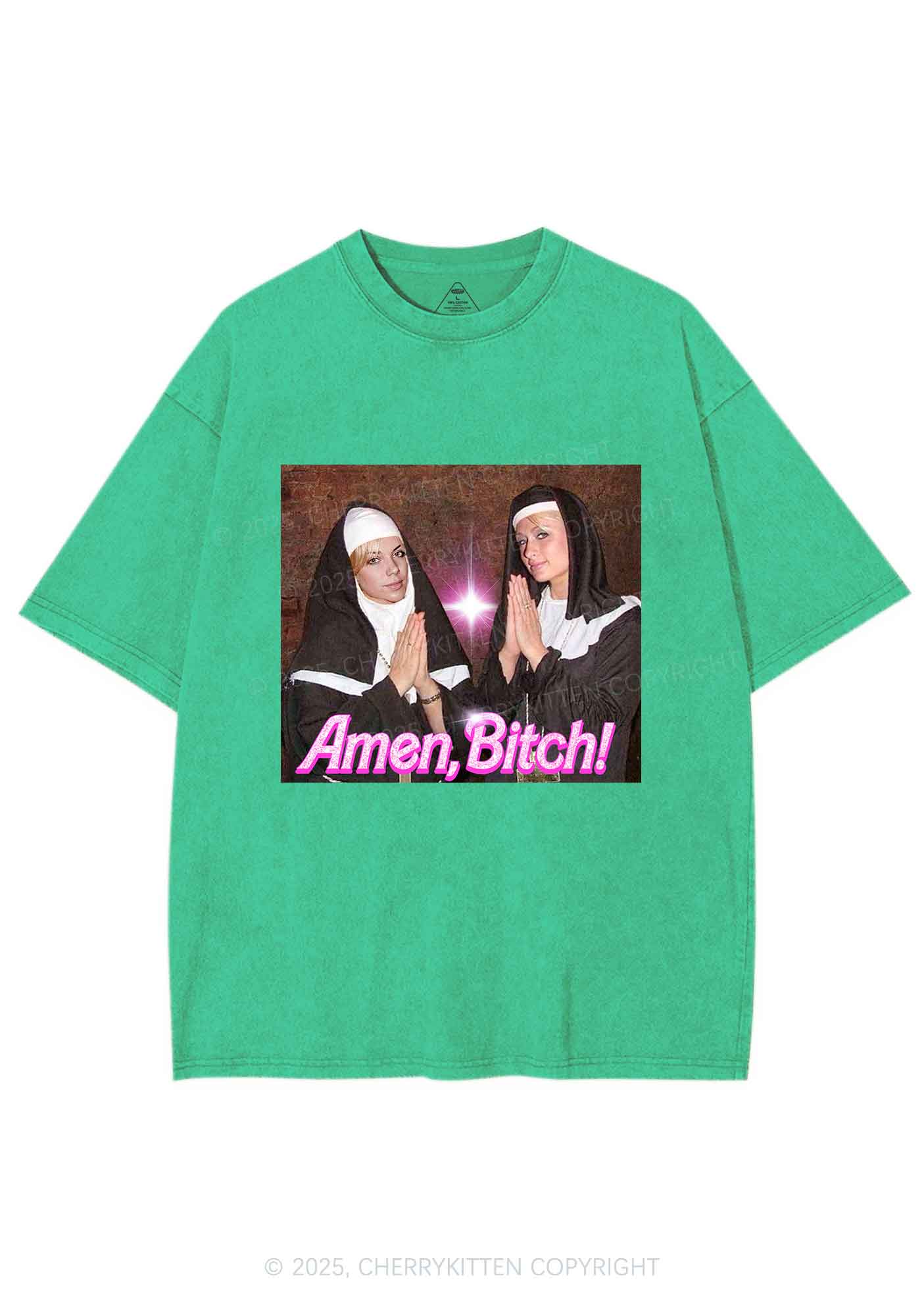 Custom Amen Bxtch Y2K Shirts Washed Tee Cherrykitten