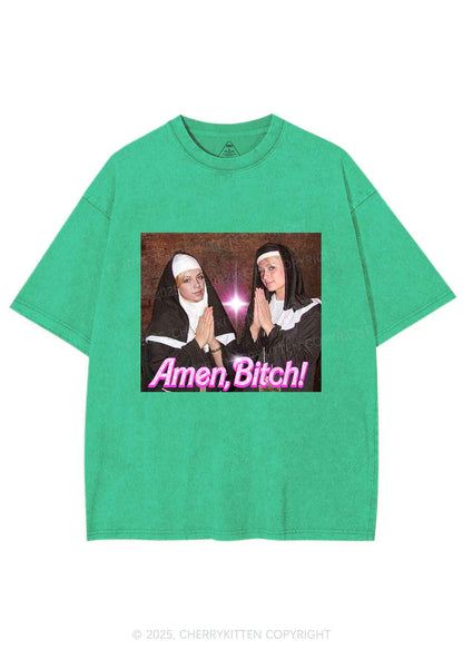 Custom Amen Bxtch Y2K Shirts Washed Tee Cherrykitten