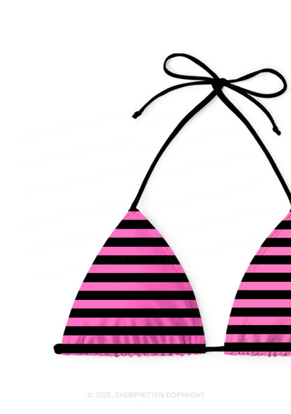 Pink And Black Stripes Y2K Print Bikini Set Cherrykitten