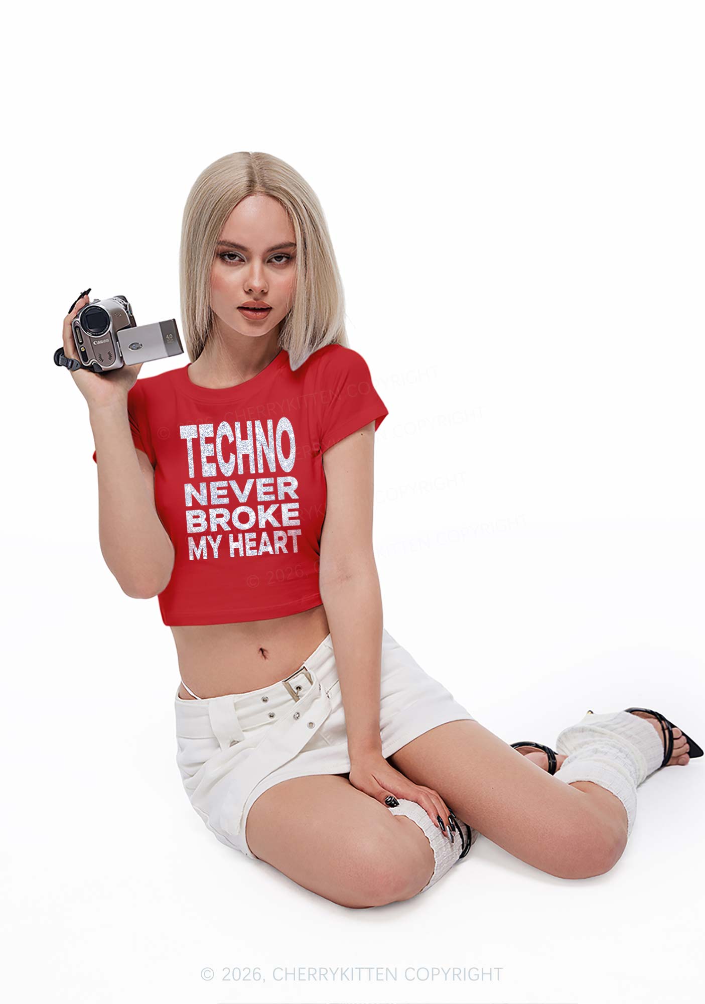 Glitter Techno Heart Y2K Baby Tee Cherrykitten