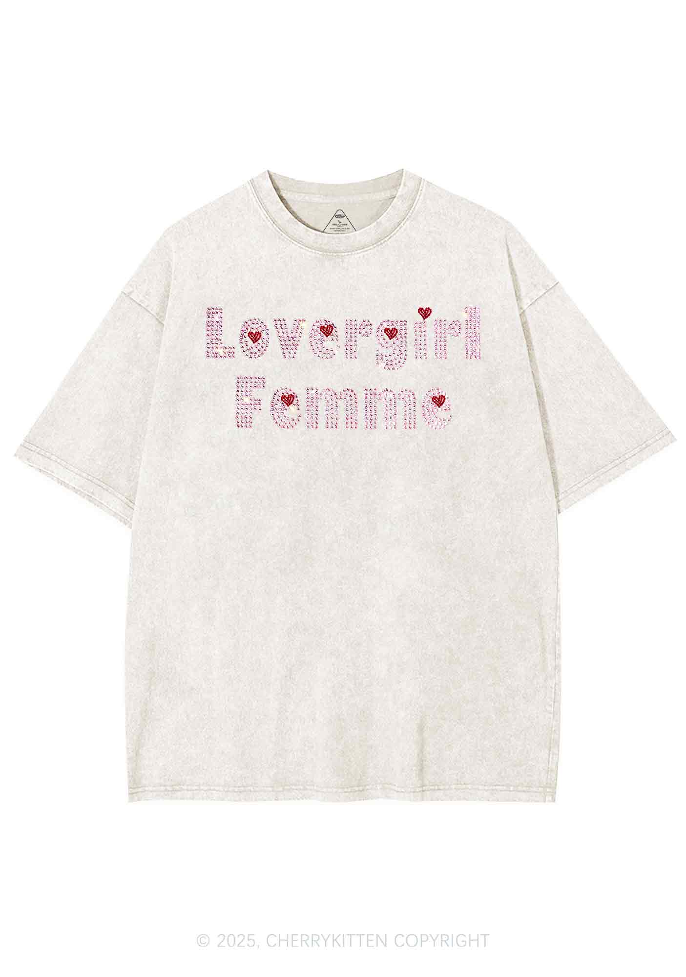 Rhinestone Lovergirl Femme Y2K Shirts Washed Tee Cherrykitten
