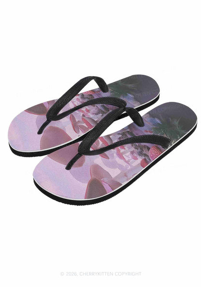 Pink Mushroom Y2K Print Flip Flops Cherrykitten