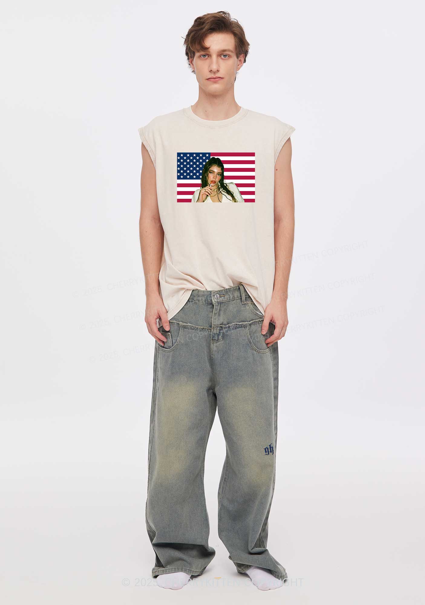 Custom Portrait Flag Y2K Washed Muscle Tank Cherrykitten