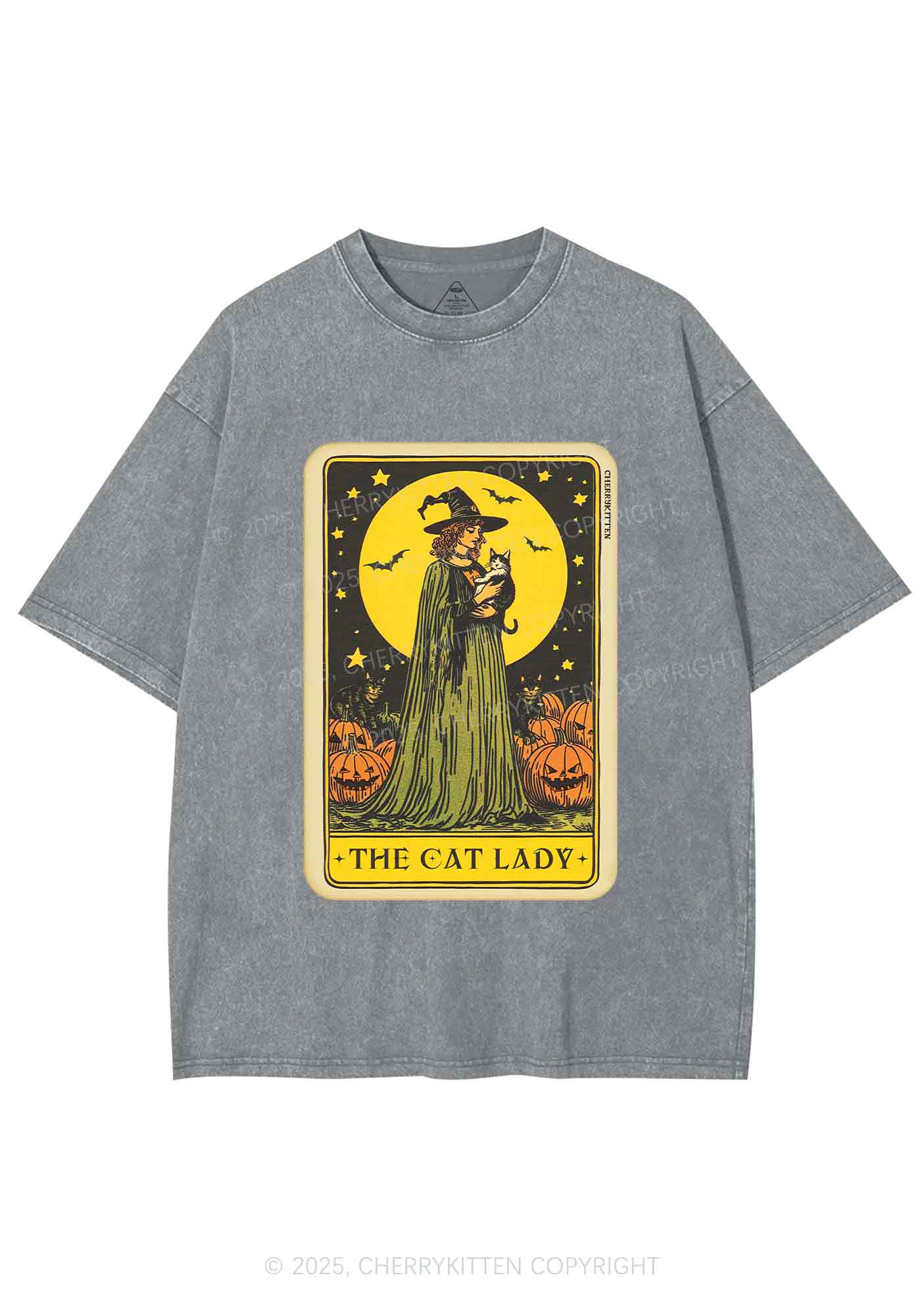 Halloween The Witch Cat Lady Y2K Shirts Washed Tee Cherrykitten