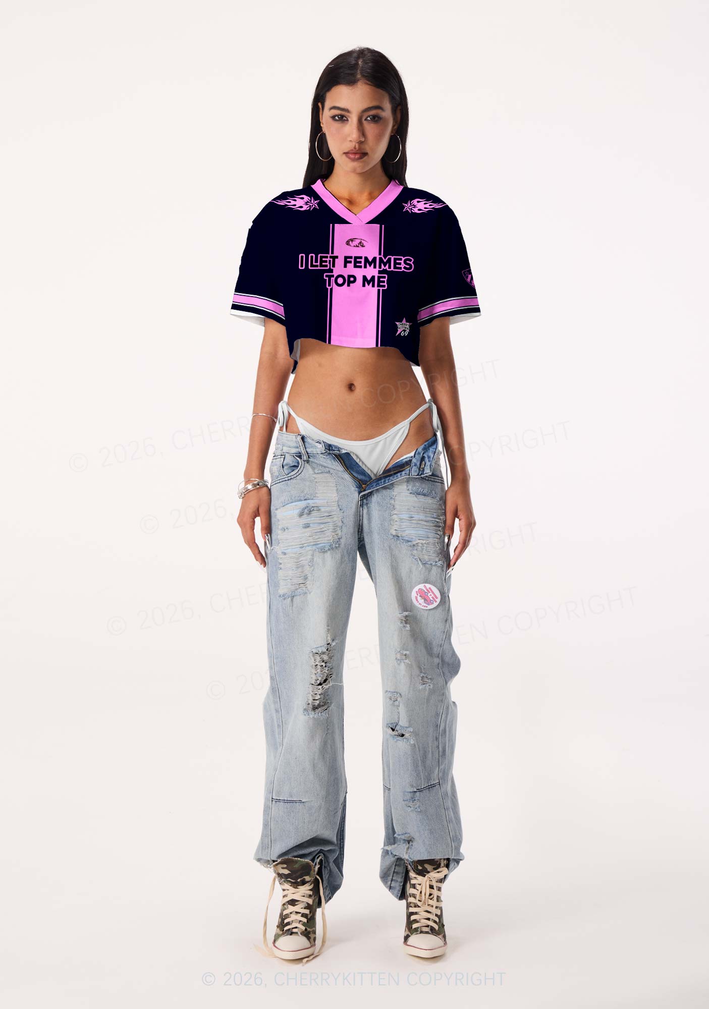 Pink Flame Star Femmes Top Me Pride Y2K Crop Sport Jersey Shirts Cherrykitten