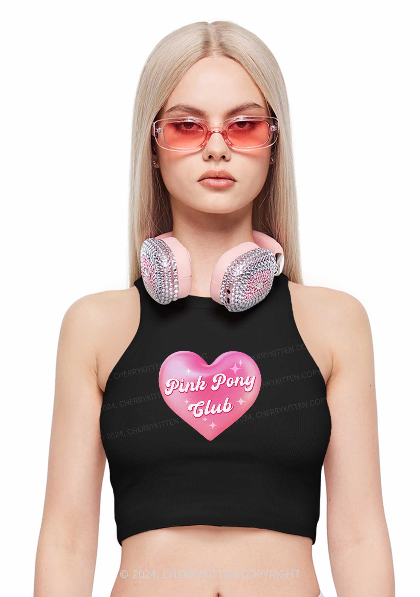 Pink Heart Pony Club Y2K Crop Tank Top Cherrykitten