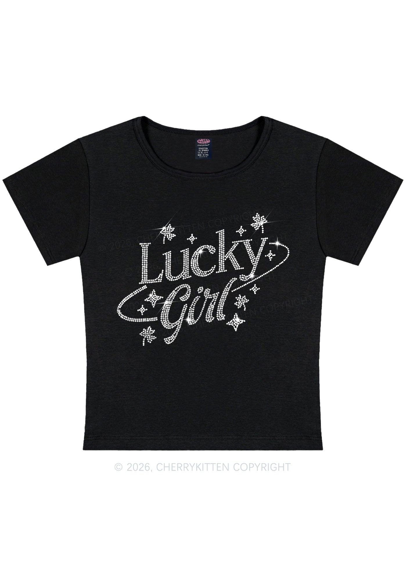 Rhinestone Lucky Girl St Patricks Y2K Baby Tee Cherrykitten