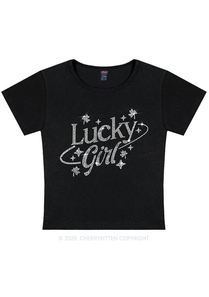 Rhinestone Lucky Girl St Patricks Y2K Baby Tee Cherrykitten