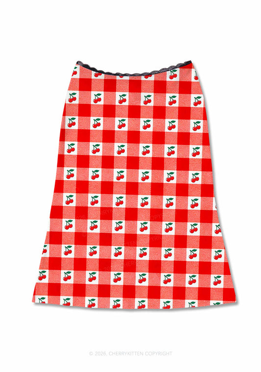 Red Plaid Cherry Y2K Print Midi Skirt Cherrykitten
