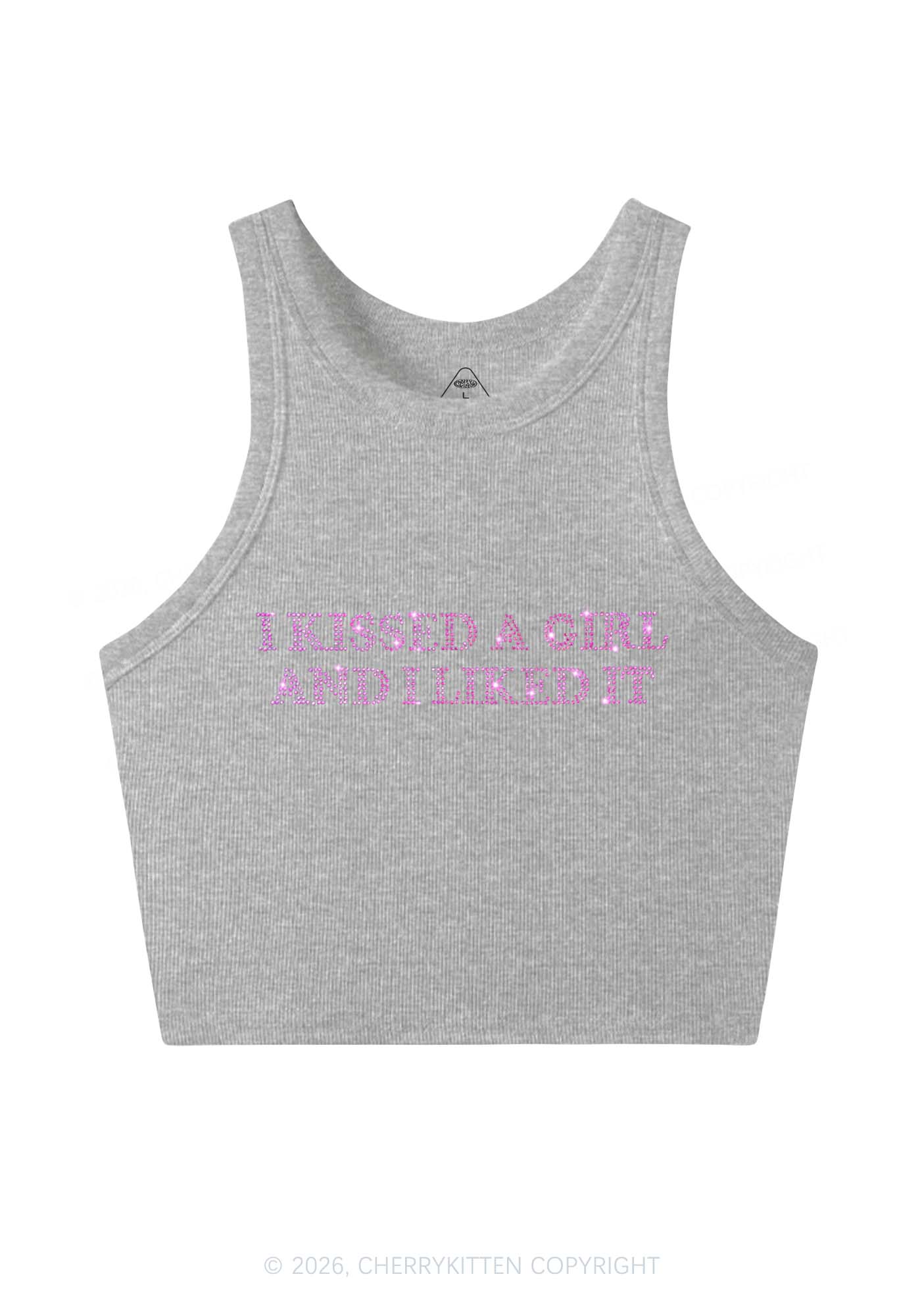 Rhinestone I Kissed A Girl Pride Y2K Crop Tank Top Cherrykitten