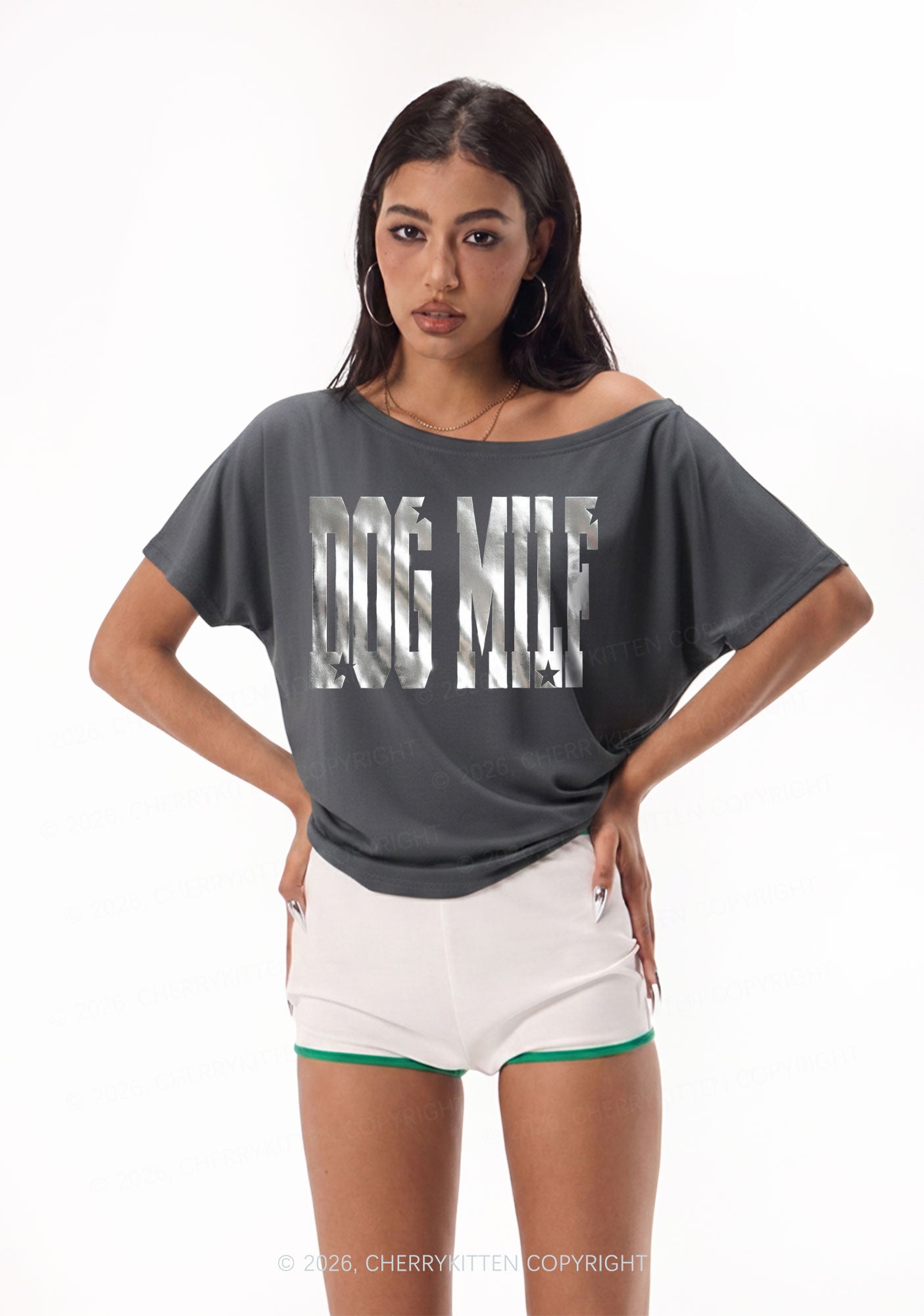 Dog Mxxf Silver Foil Printed Y2K Off Shoulder Tee Cherrykitten