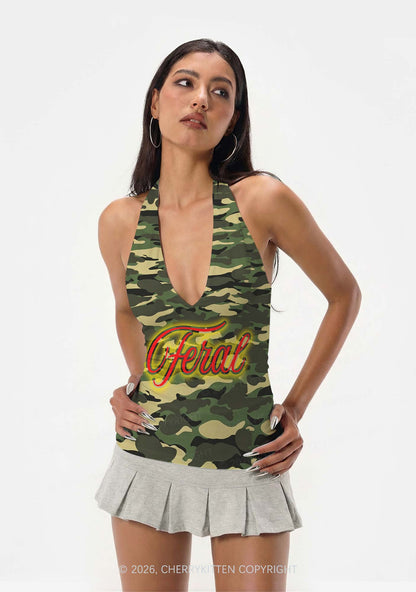 Feral Camo Y2K Print Halter Deep V Neck Cami Cherrykitten