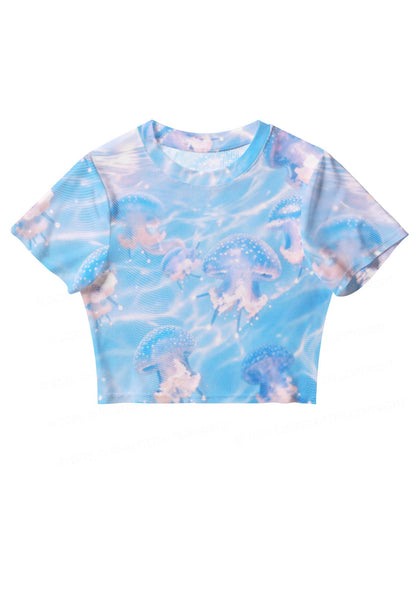 Blue Ocean Jellyfish Y2K Mesh Crop Top Cherrykitten