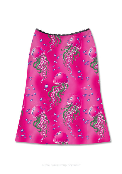 Hot Pink Jellyfish Bubble Y2K Print Midi Skirt Cherrykitten