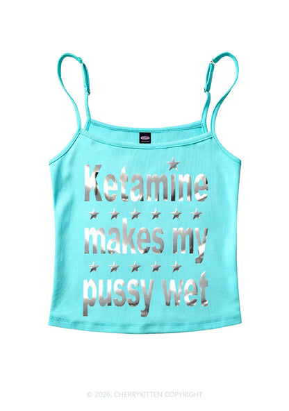 K Makes My Puxxy Wet Silver Foil Printed Y2K Spaghetti Strap Cami Cherrykitten