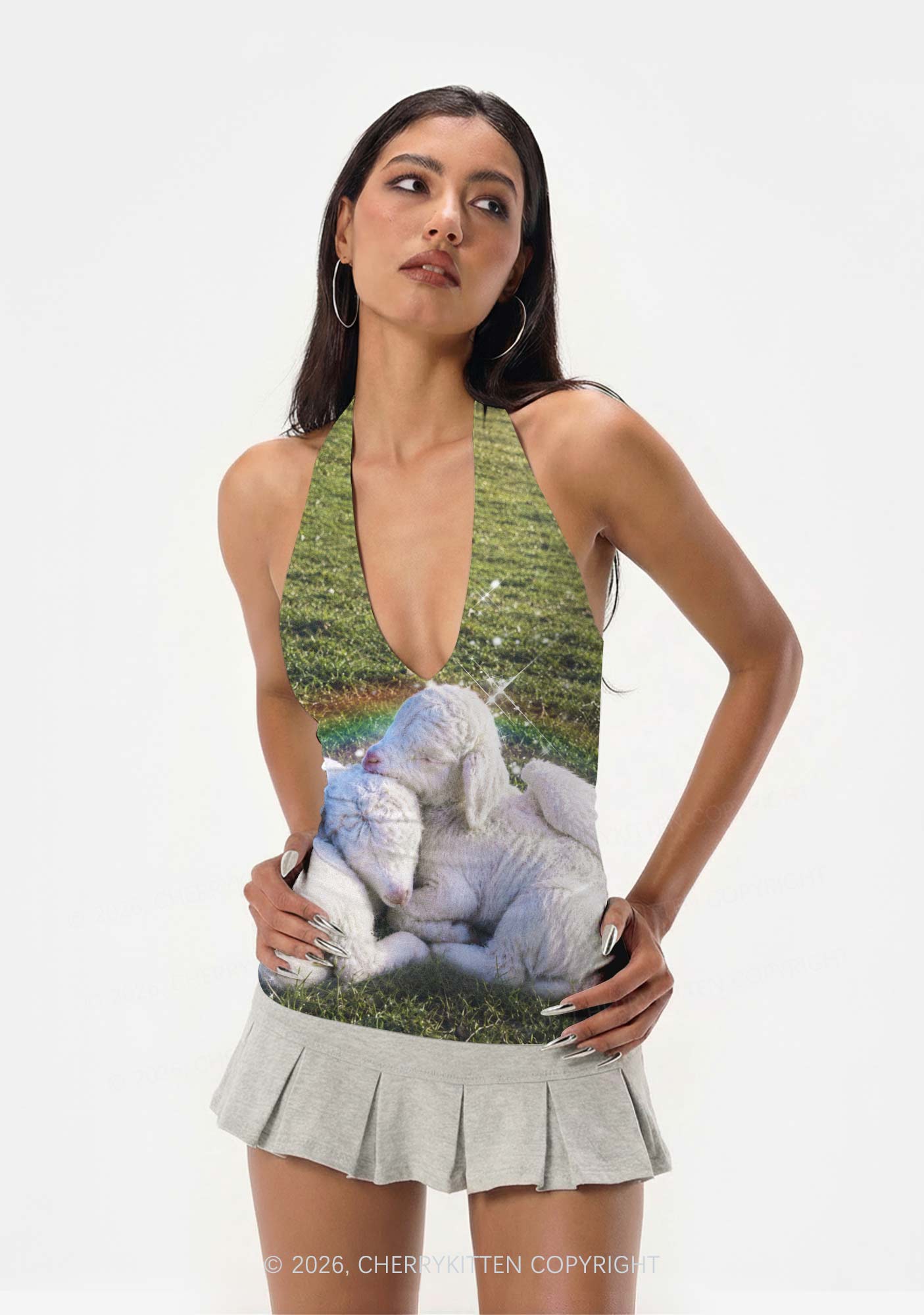 Angel Wings Baby Lambs Y2K Print Halter Deep V Neck Cami Cherrykitten