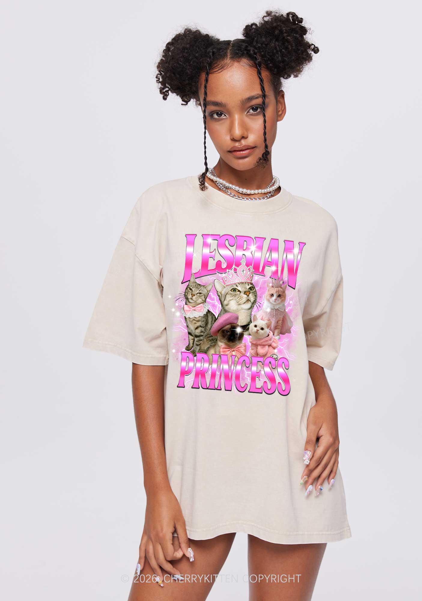 Lesbian Princess Cats Y2K Shirts Washed Tee Cherrykitten