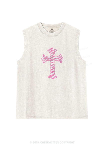 Rhinestone Pink Cross Y2K Washed Muscle Tank Cherrykitten
