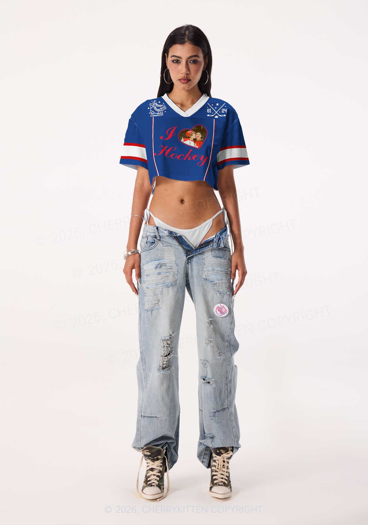 Blue I Love Hockey HR Y2K Crop Sport Jersey Shirts Cherrykitten