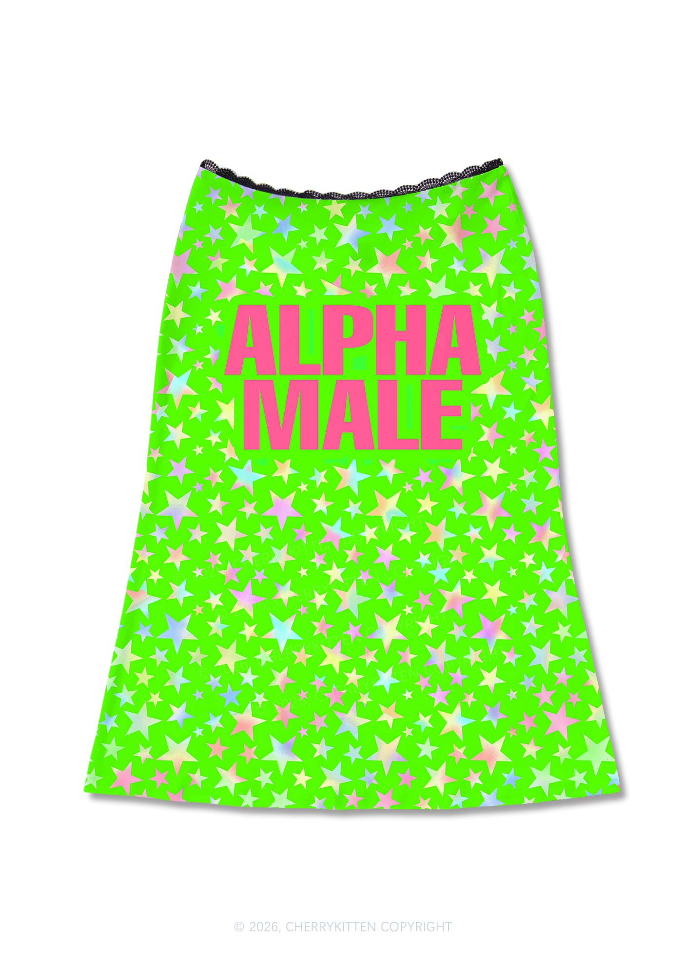 Green Alpha Male Y2K Print Midi Skirt Cherrykitten