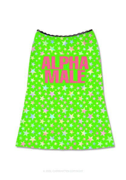 Green Alpha Male Y2K Print Midi Skirt Cherrykitten