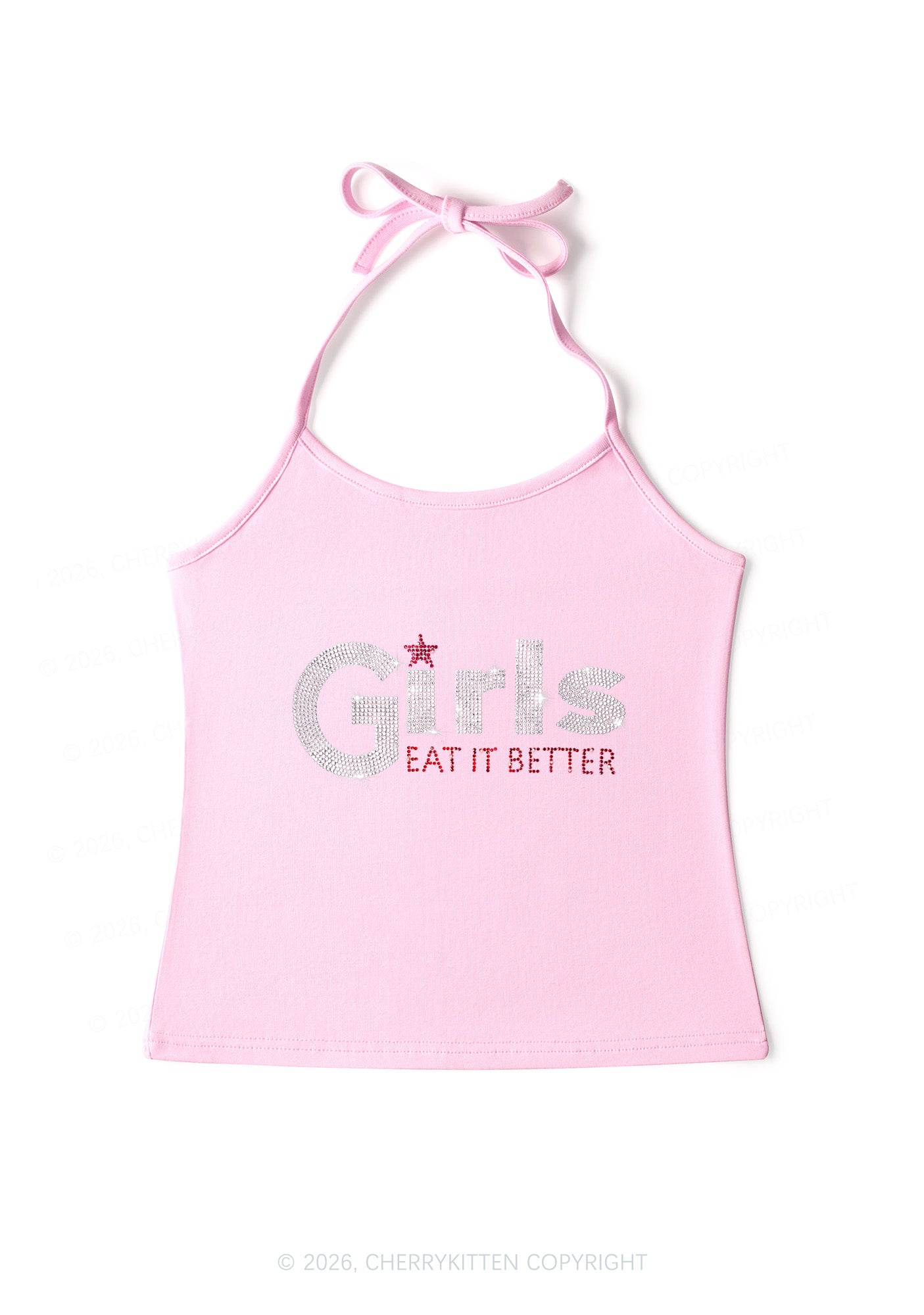 Rhinestone Girls Eat It Better Pride Y2K Halter Neck Cami Cherrykitten