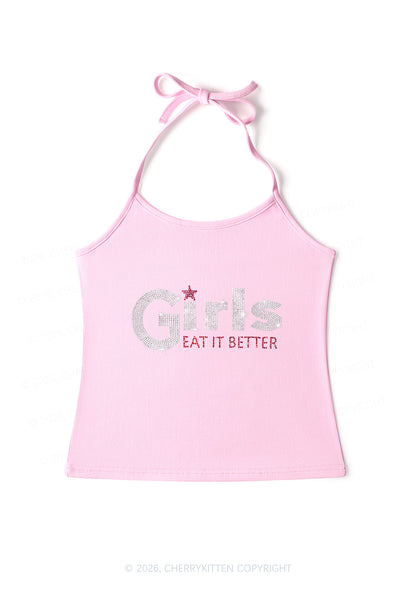 Rhinestone Girls Eat It Better Pride Y2K Halter Neck Cami Cherrykitten