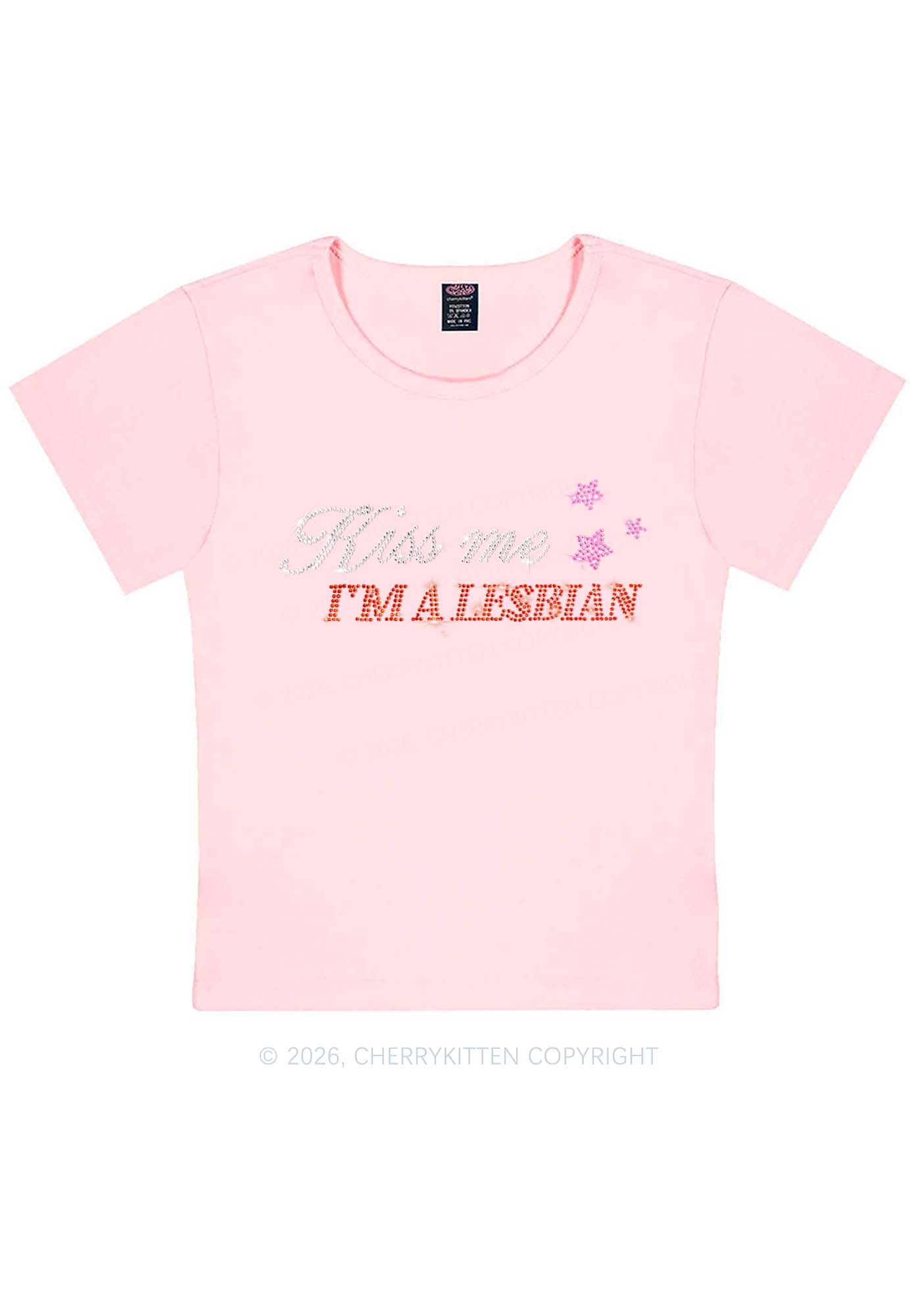 Rhinestone Kiss Me Im A Lesbian Pride Y2K Baby Tee Cherrykitten